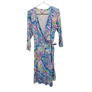 Lilly Pulitzer Wrap Dress Womens Large Blue Pink Tropical 3/4 Sleeve Resortwear